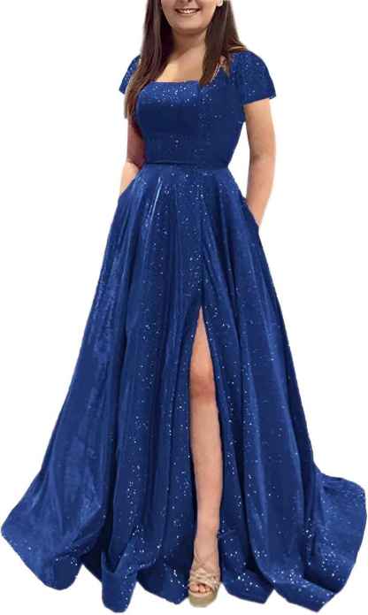 Prom Dresses Long A Line with Pockets Formal Evening Ball Gowns Side Slit Glitter Party Dress bmbridal