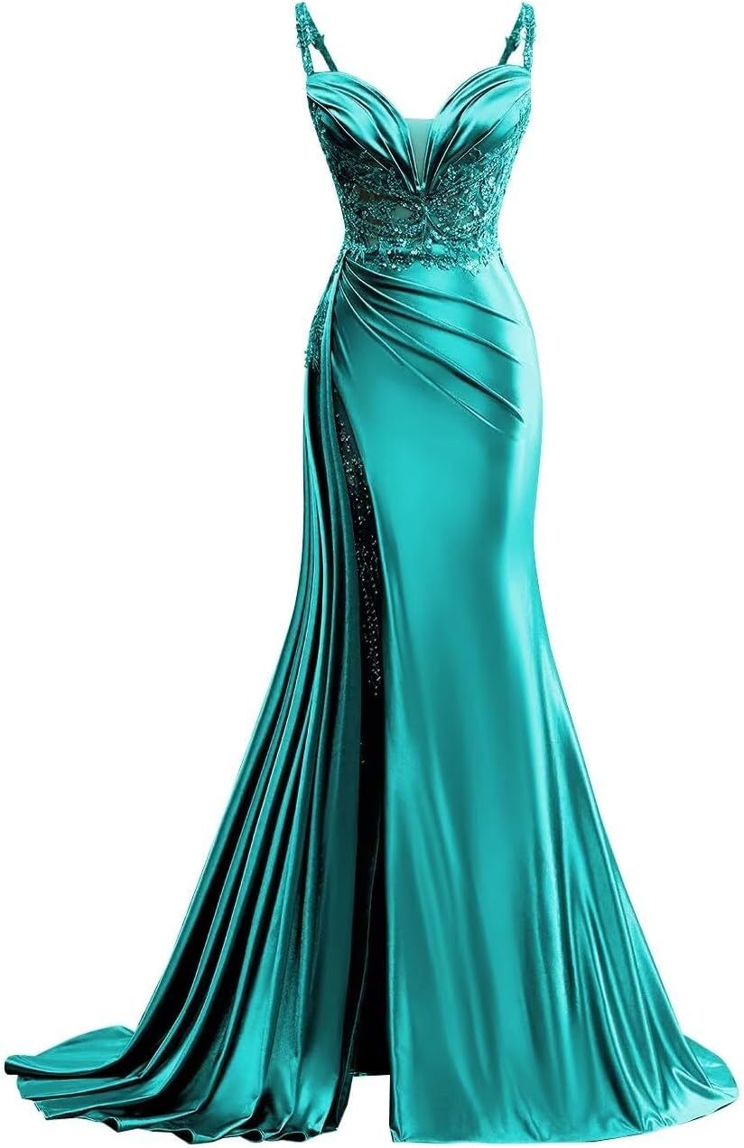 V Neck Satin Prom Dresses Long Mermaid Lace Evening Gown with Slit Pleated Bodycon Formal Dress with Tail bmbridal