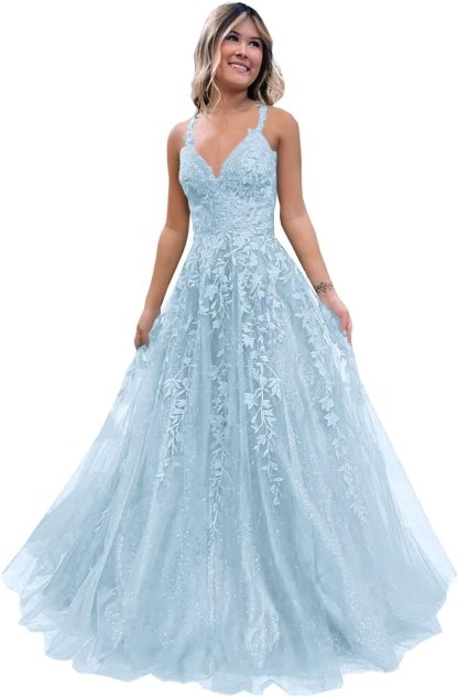 Tulle Lace Appliques Sparkly Prom Dresses A Line with Slit V Neck Formal Party Dress bmbridal