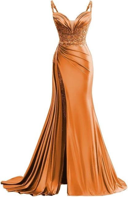 V Neck Satin Prom Dresses Long Mermaid Lace Evening Gown with Slit Pleated Bodycon Formal Dress with Tail bmbridal