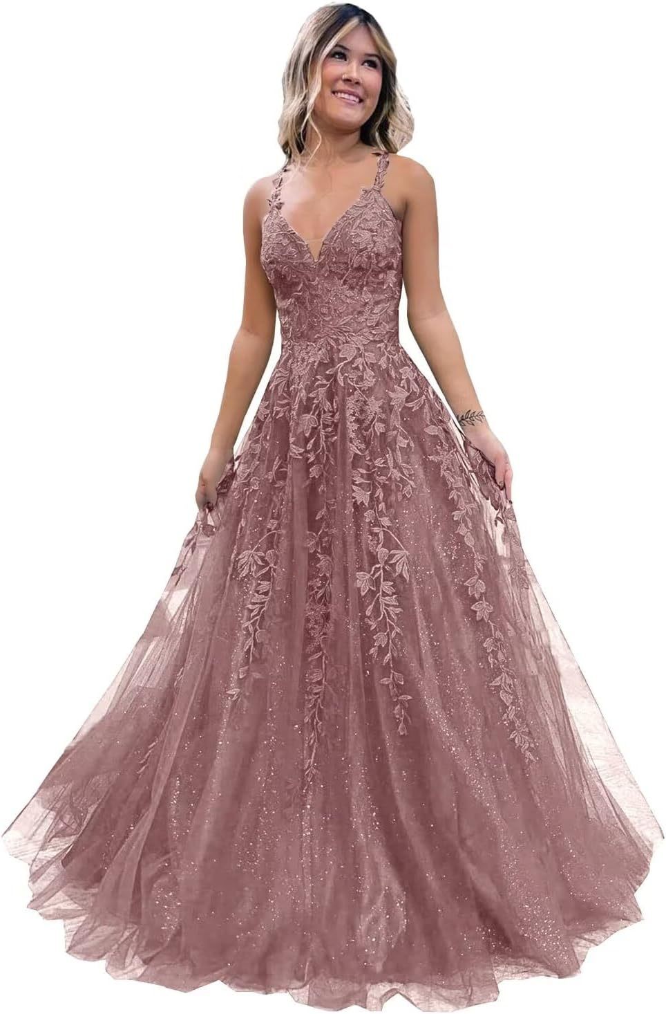 Tulle Lace Appliques Sparkly Prom Dresses A Line with Slit V Neck Formal Party Dress bmbridal