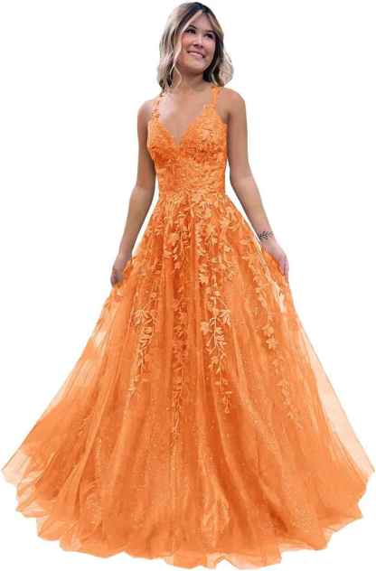 Tulle Lace Appliques Sparkly Prom Dresses A Line with Slit V Neck Formal Party Dress bmbridal