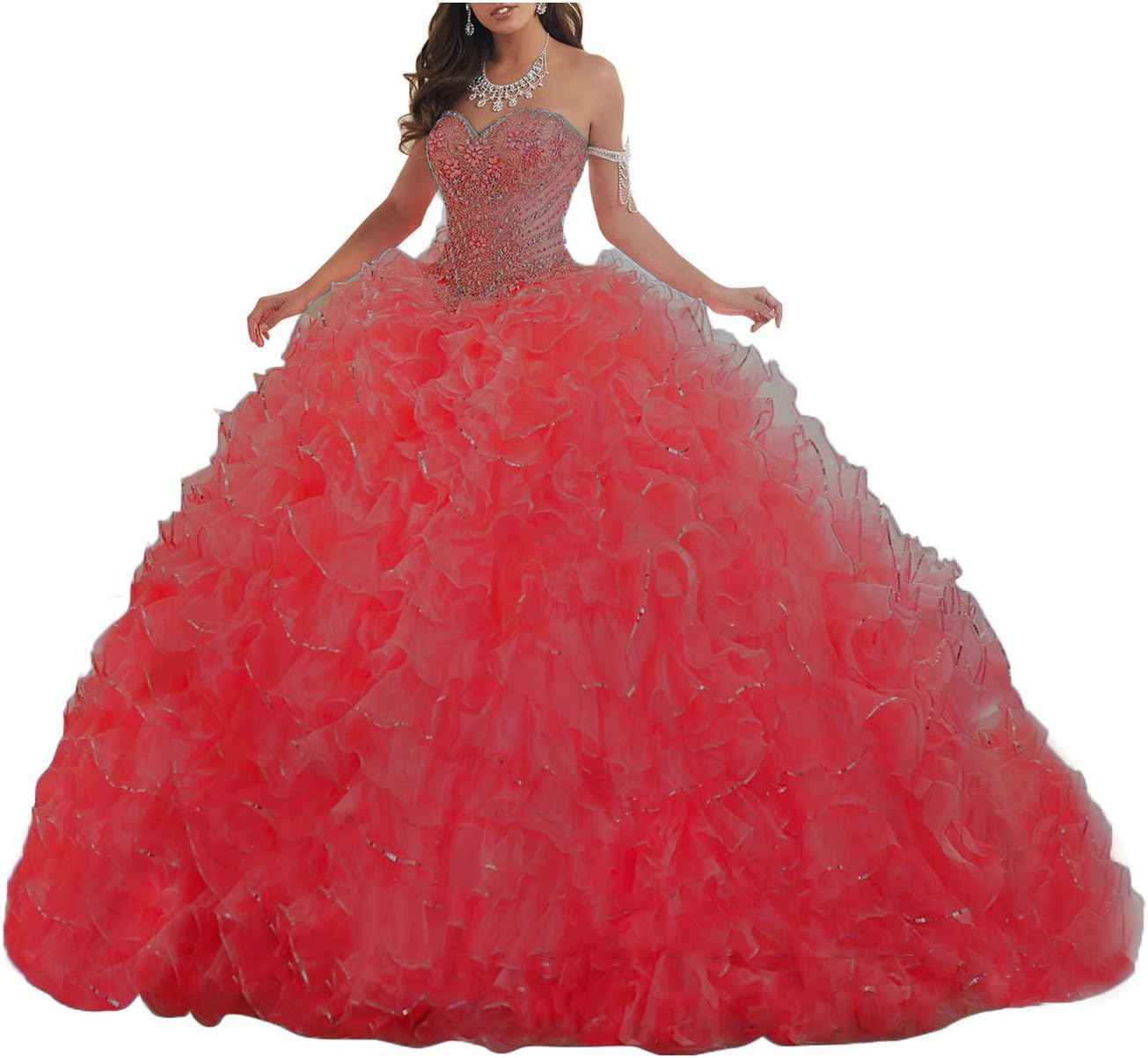 Women's Organza Ruffles Quinceanera Beaded Sweetheart Prom Ball Gown bmbridal