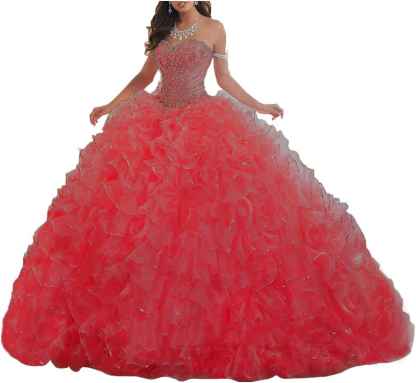 Women's Organza Ruffles Quinceanera Beaded Sweetheart Prom Ball Gown bmbridal