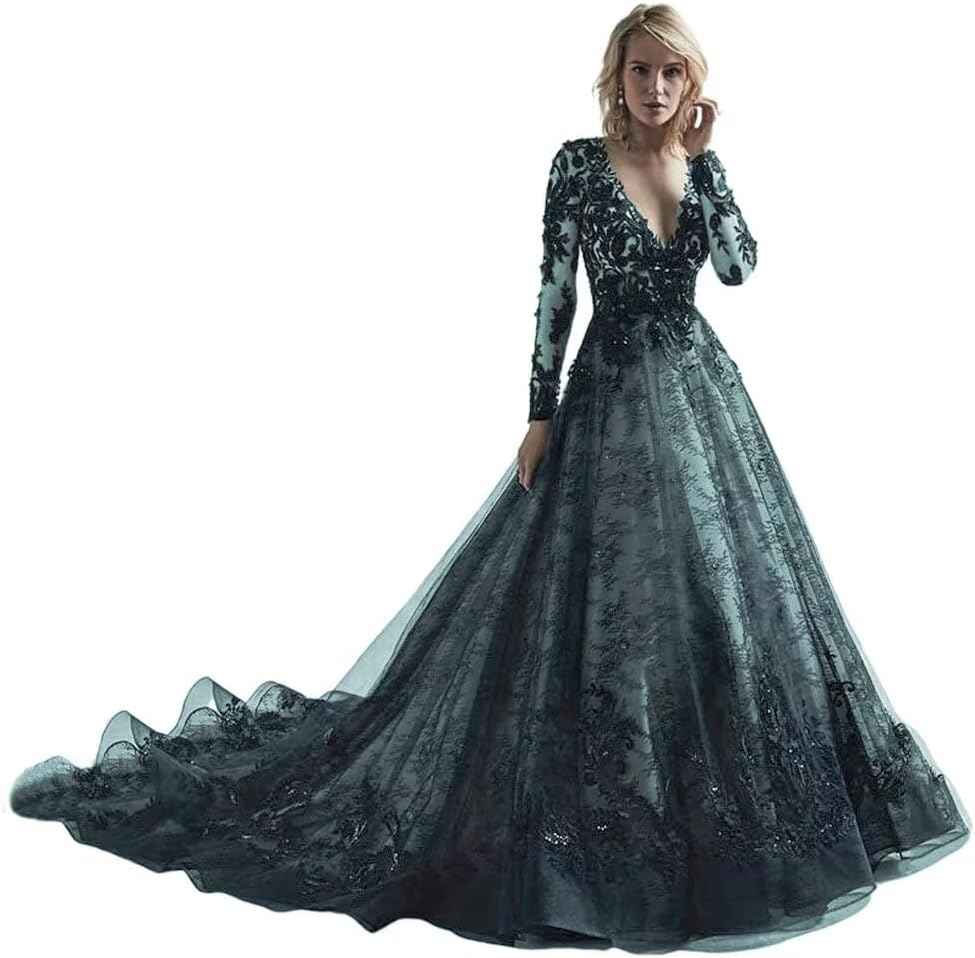 Black Wedding Dresses for Bride Long Sleeve Bridal Gowns V Neck Lace Appliques Wedding Gowns with Train bmbridal