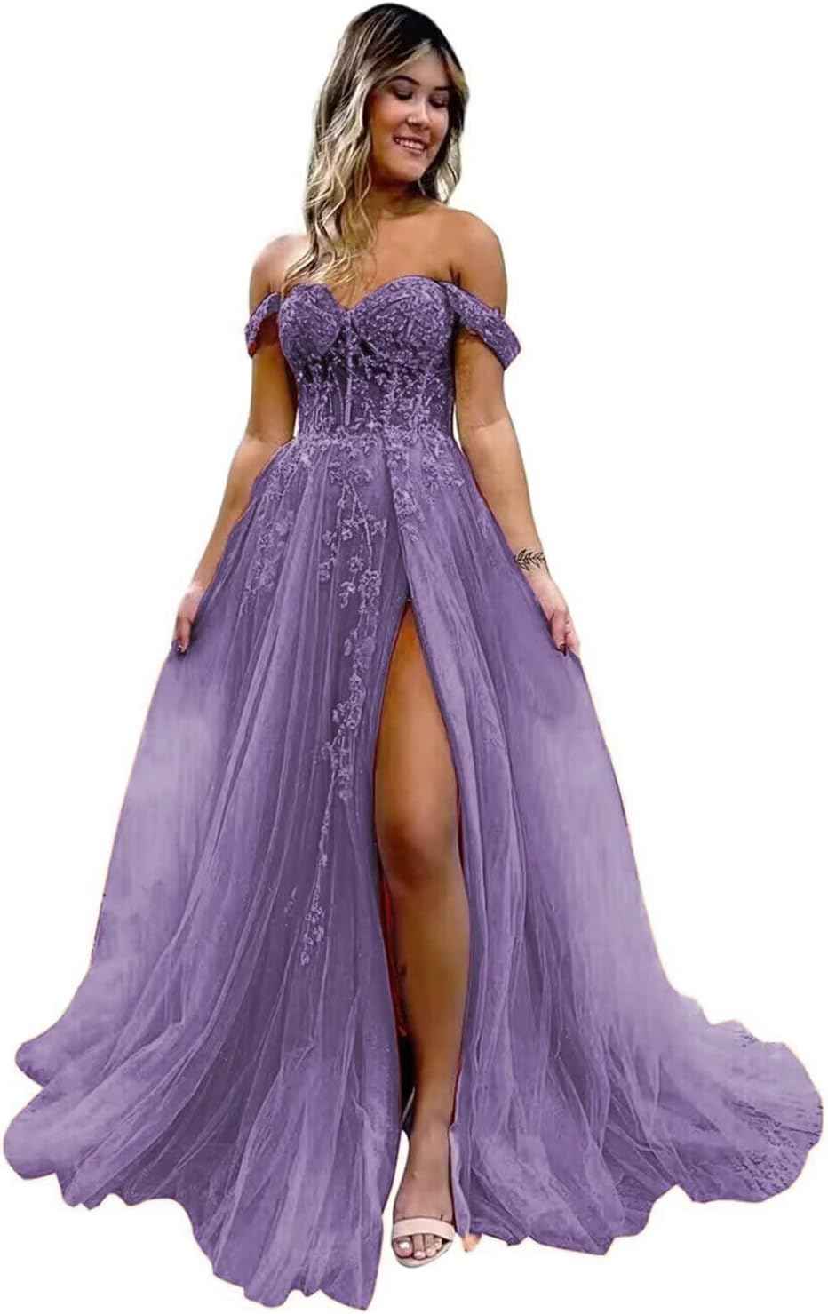 Off The Shoulder Tulle Prom Dresses with Slit Laces Applique Sweetheart Long Formal Evening Party Gowns-BMbridal