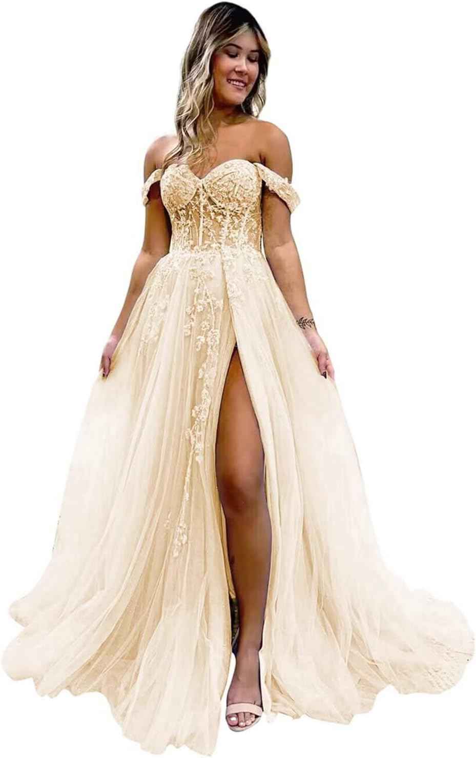 Off The Shoulder Tulle Prom Dresses with Slit Laces Applique Sweetheart Long Formal Evening Party Gowns bmbridal