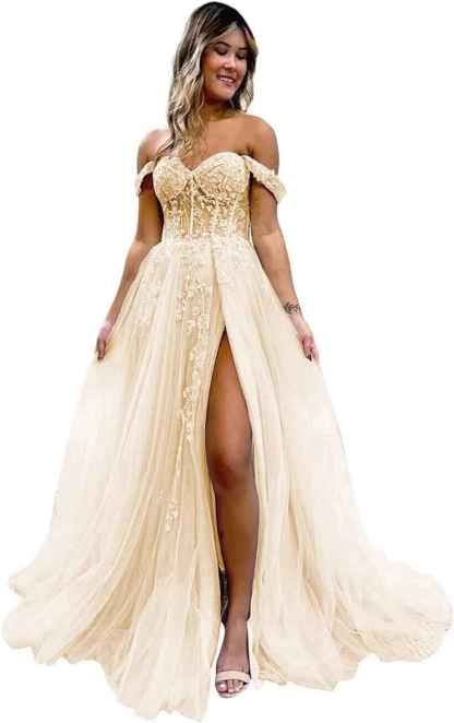 Off The Shoulder Tulle Prom Dresses with Slit Laces Applique Sweetheart Long Formal Evening Party Gowns bmbridal