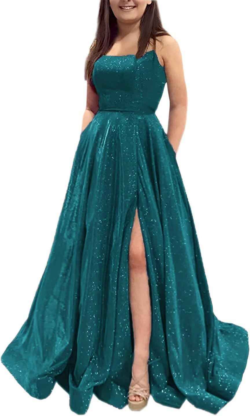 Prom Dresses Long A Line with Pockets Formal Evening Ball Gowns Side Slit Glitter Party Dress bmbridal