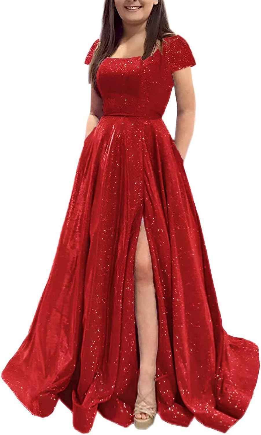 Prom Dresses Long A Line with Pockets Formal Evening Ball Gowns Side Slit Glitter Party Dress bmbridal