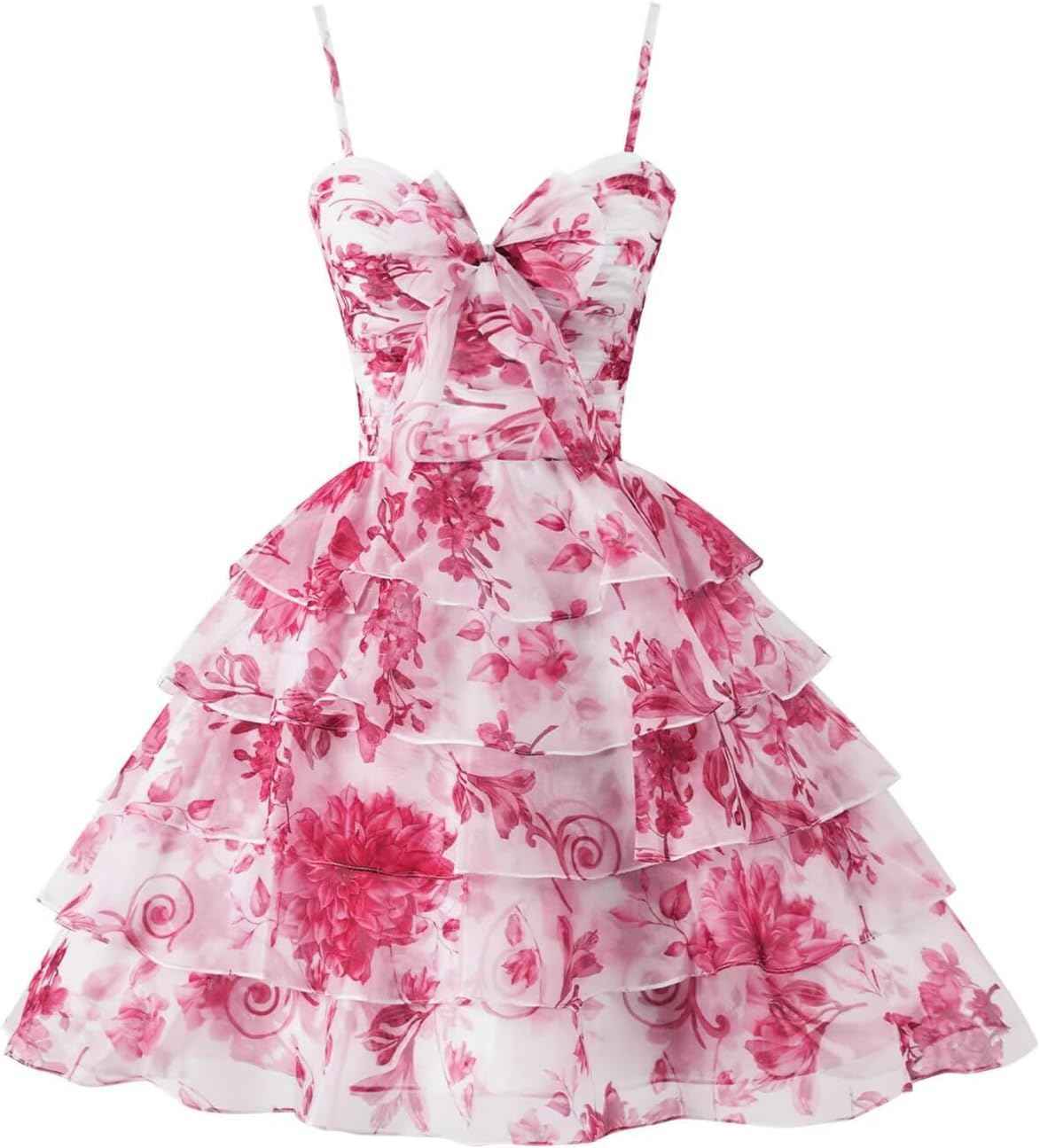Tiered Ruffles Short Homecoming Dresses with Bow Corset Floral Print Mini Cocktail Party Gown-BMbridal