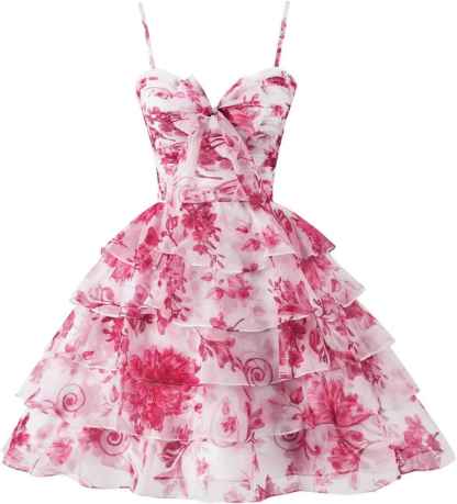 Tiered Ruffles Short Homecoming Dresses with Bow Corset Floral Print Mini Cocktail Party Gown-BMbridal
