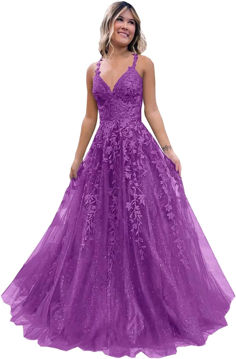 Tulle Lace Appliques Sparkly Prom Dresses A Line with Slit V Neck Formal Party Dress-BMbridal