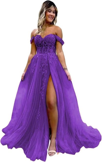 Off The Shoulder Tulle Prom Dresses with Slit Laces Applique Sweetheart Long Formal Evening Party Gowns bmbridal