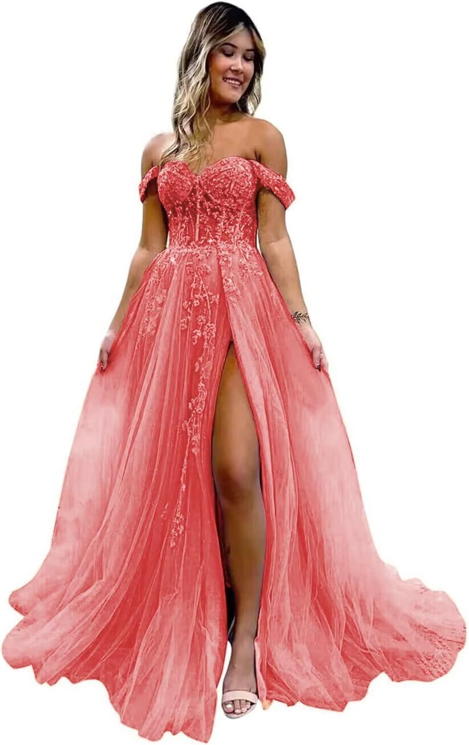 Off The Shoulder Tulle Prom Dresses with Slit Laces Applique Sweetheart Long Formal Evening Party Gowns bmbridal