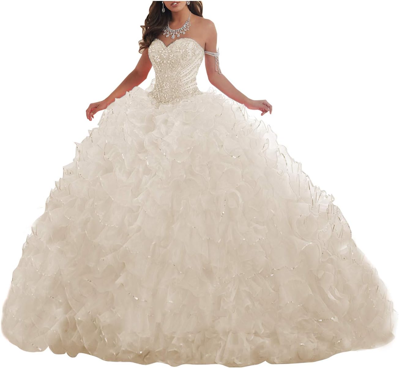 Women's Organza Ruffles Quinceanera Beaded Sweetheart Prom Ball Gown bmbridal