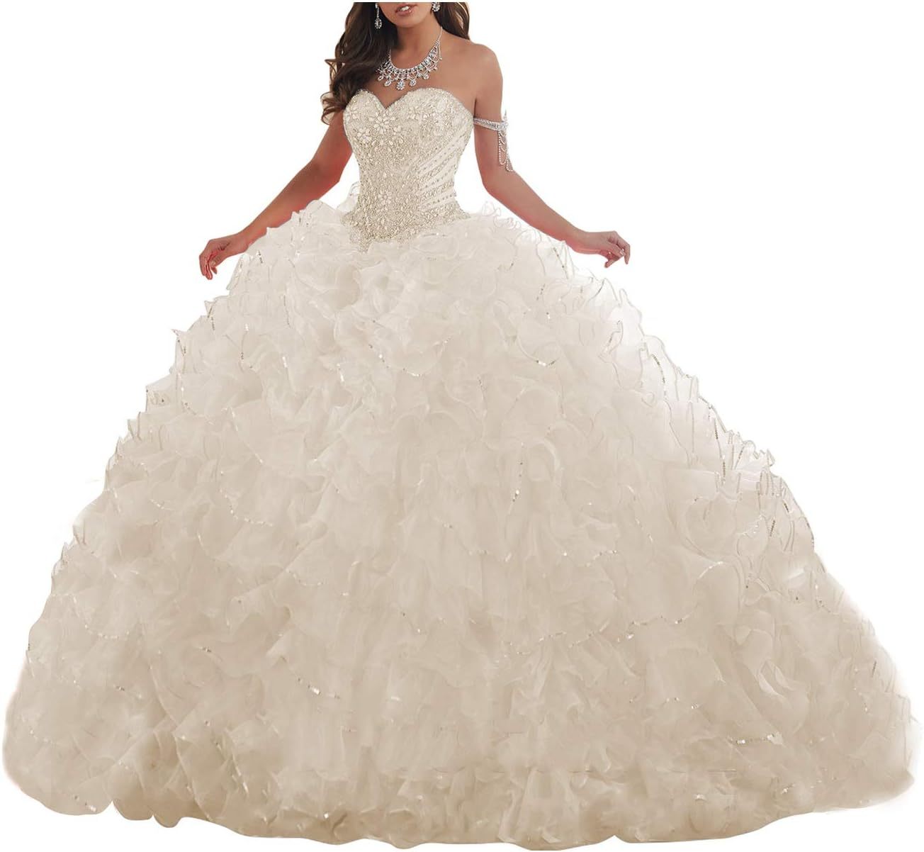 Women's Organza Ruffles Quinceanera Beaded Sweetheart Prom Ball Gown bmbridal