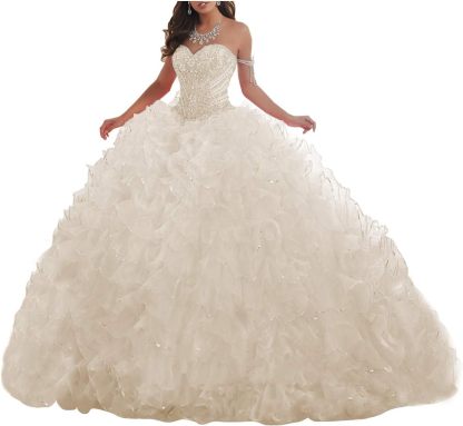 Women's Organza Ruffles Quinceanera Beaded Sweetheart Prom Ball Gown bmbridal