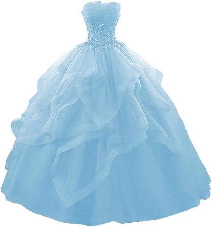 Prom Dress Long Ruffles Ball Gown Quinceanera Dresses Strapless Lace Tulle Beaded Princess Evening Dress bmbridal