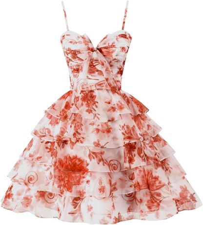 Tiered Ruffles Short Homecoming Dresses with Bow Corset Floral Print Mini Cocktail Party Gown-BMbridal