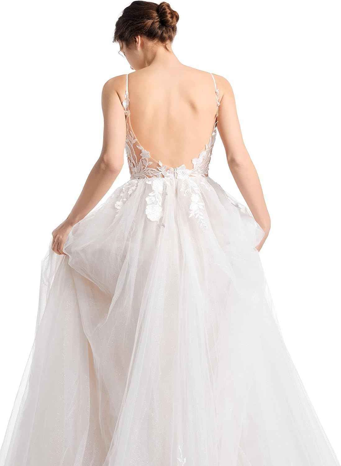 Women's Wedding Dresses Appliques Boho Beach Sexy Spaghetti Straps Lace Bridal Gowns Open Back bmbridal