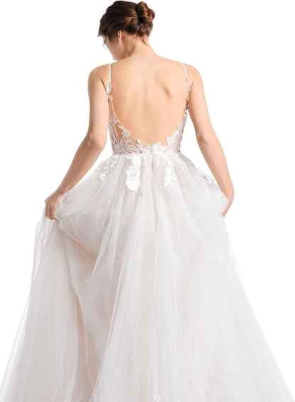 Women's Wedding Dresses Appliques Boho Beach Sexy Spaghetti Straps Lace Bridal Gowns Open Back bmbridal