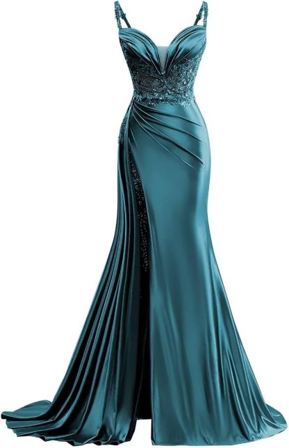 V Neck Satin Prom Dresses Long Mermaid Lace Evening Gown with Slit Pleated Bodycon Formal Dress with Tail bmbridal