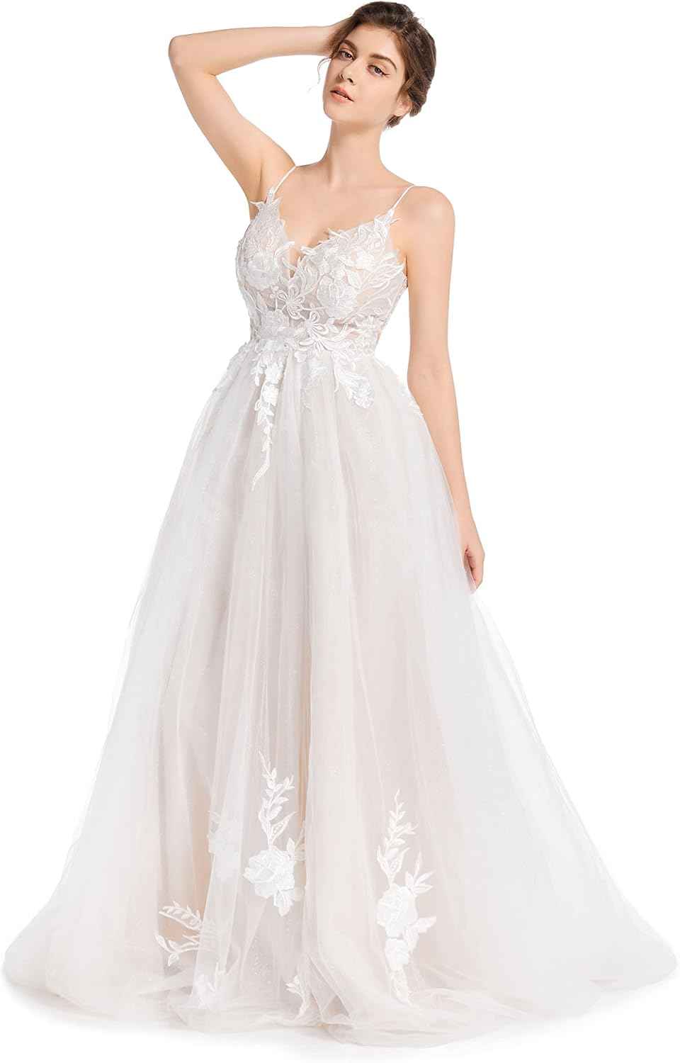 Women's Wedding Dresses Appliques Boho Beach Sexy Spaghetti Straps Lace Bridal Gowns Open Back bmbridal