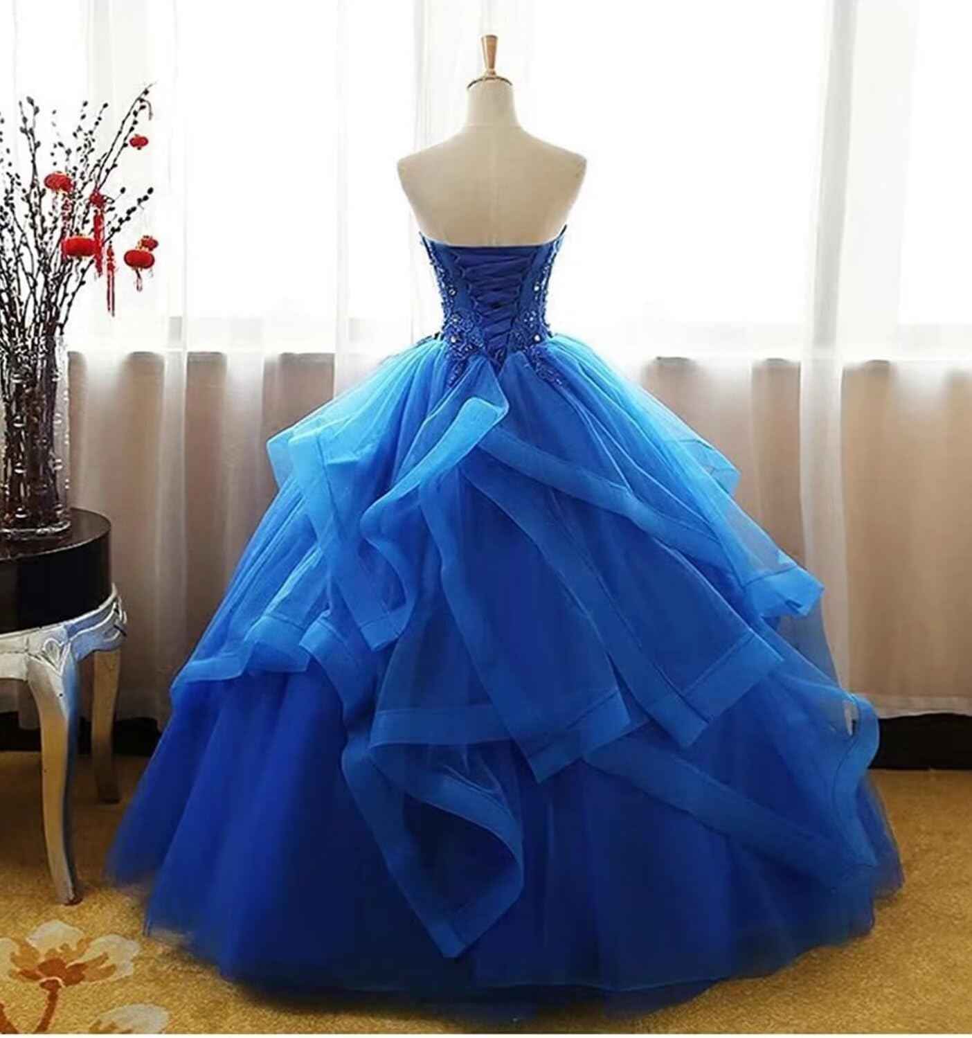 Prom Dress Long Ruffles Ball Gown Quinceanera Dresses Strapless Lace Tulle Beaded Princess Evening Dress bmbridal