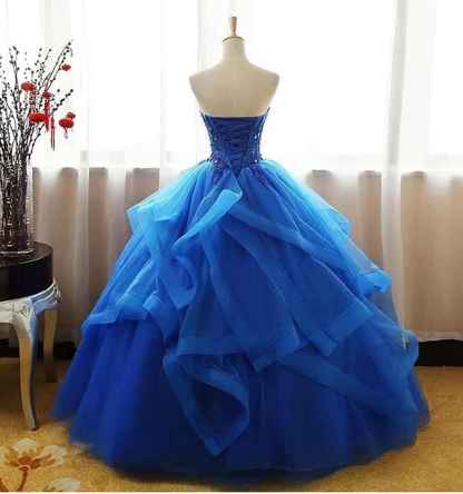 Prom Dress Long Ruffles Ball Gown Quinceanera Dresses Strapless Lace Tulle Beaded Princess Evening Dress bmbridal