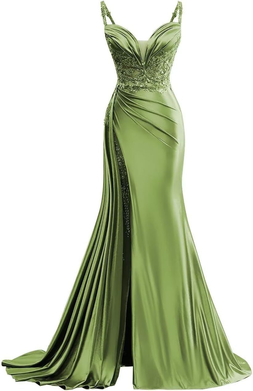 V Neck Satin Prom Dresses Long Mermaid Lace Evening Gown with Slit Pleated Bodycon Formal Dress with Tail bmbridal