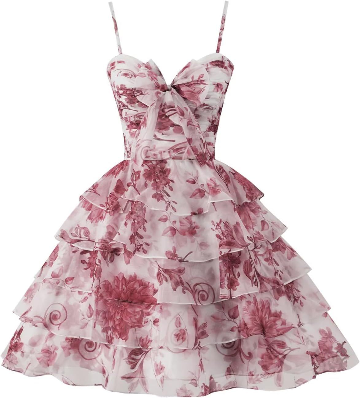 Tiered Ruffles Short Homecoming Dresses with Bow Corset Floral Print Mini Cocktail Party Gown-BMbridal