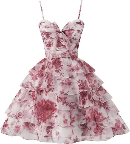 Tiered Ruffles Short Homecoming Dresses with Bow Corset Floral Print Mini Cocktail Party Gown-BMbridal
