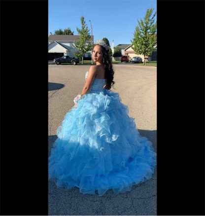 Women's Organza Ruffles Quinceanera Beaded Sweetheart Prom Ball Gown bmbridal