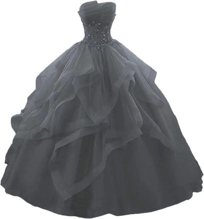 Prom Dress Long Ruffles Ball Gown Quinceanera Dresses Strapless Lace Tulle Beaded Princess Evening Dress bmbridal