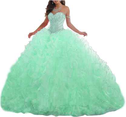 Women's Organza Ruffles Quinceanera Beaded Sweetheart Prom Ball Gown bmbridal