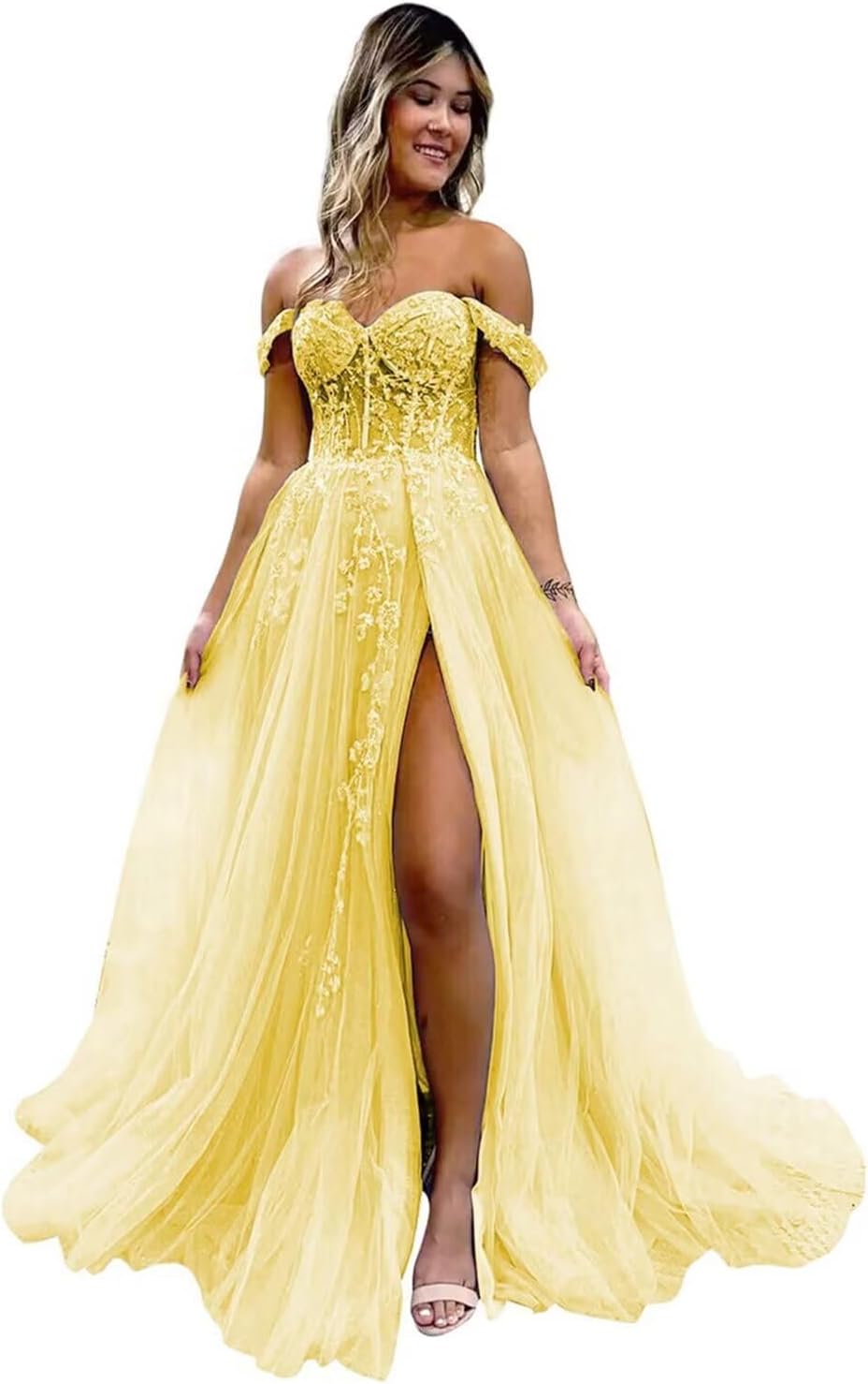 Off The Shoulder Tulle Prom Dresses with Slit Laces Applique Sweetheart Long Formal Evening Party Gowns-BMbridal
