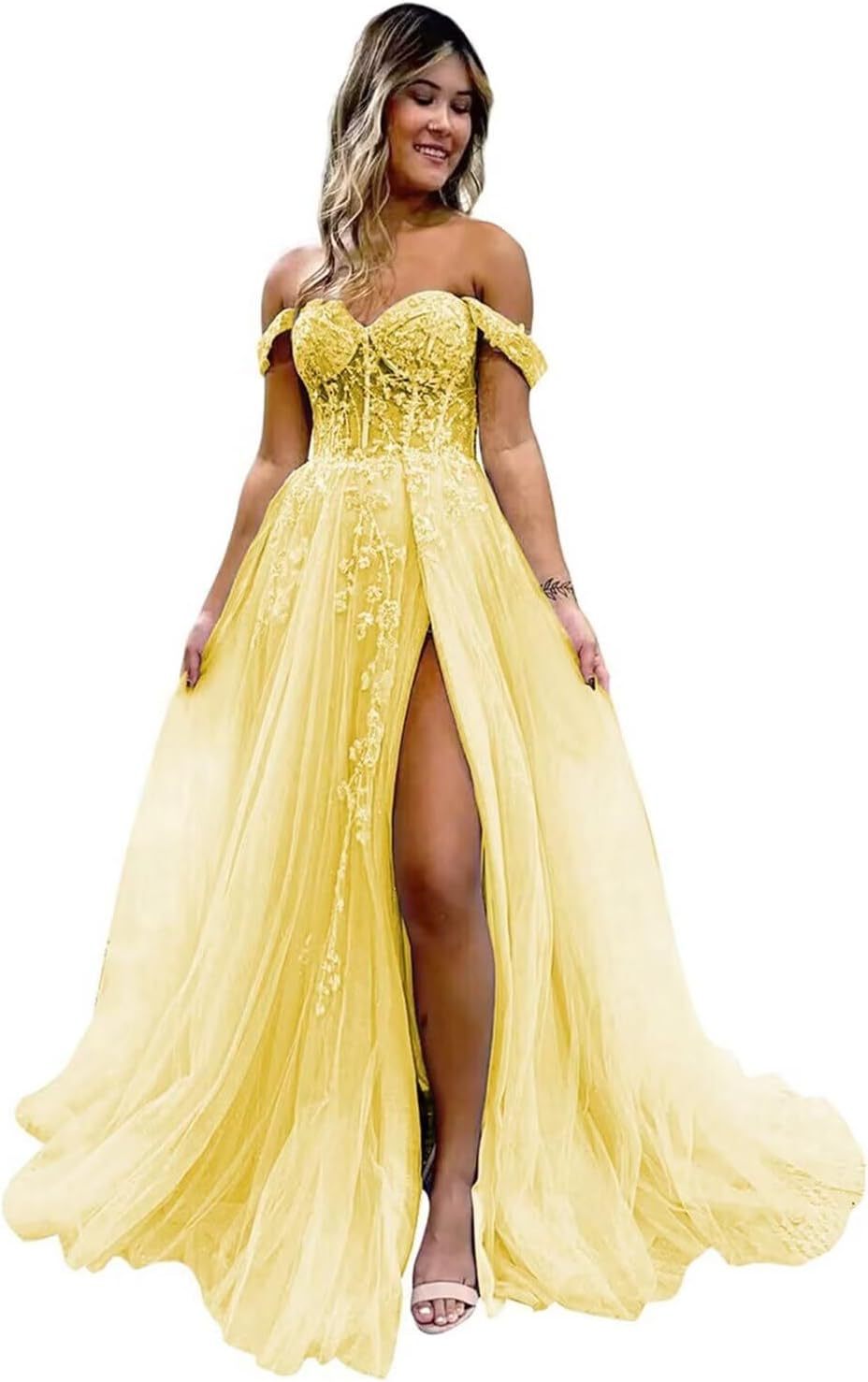 Off The Shoulder Tulle Prom Dresses with Slit Laces Applique Sweetheart Long Formal Evening Party Gowns bmbridal