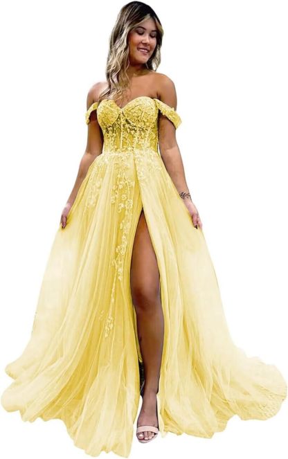 Off The Shoulder Tulle Prom Dresses with Slit Laces Applique Sweetheart Long Formal Evening Party Gowns bmbridal