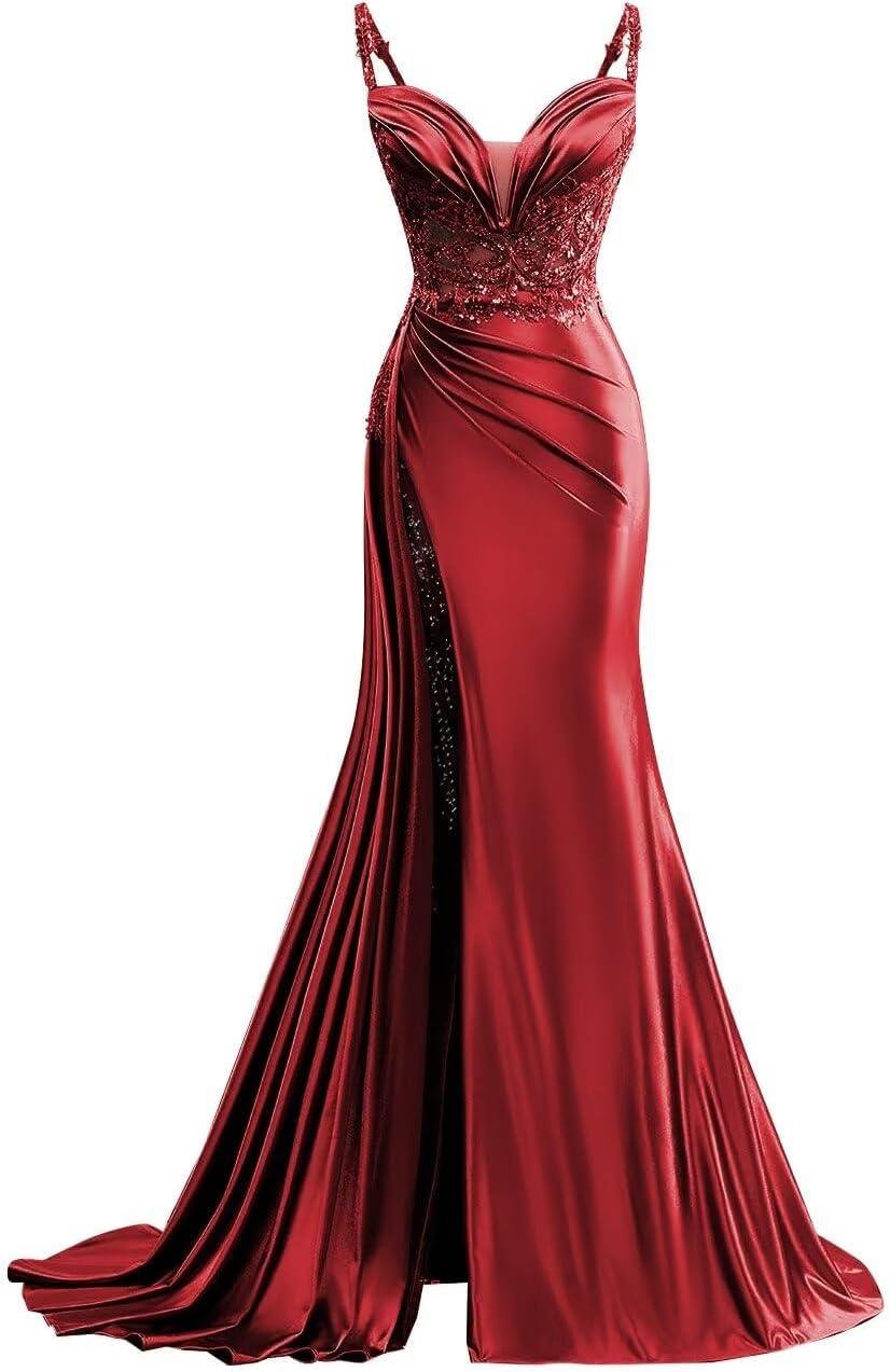V Neck Satin Prom Dresses Long Mermaid Lace Evening Gown with Slit Pleated Bodycon Formal Dress with Tail bmbridal