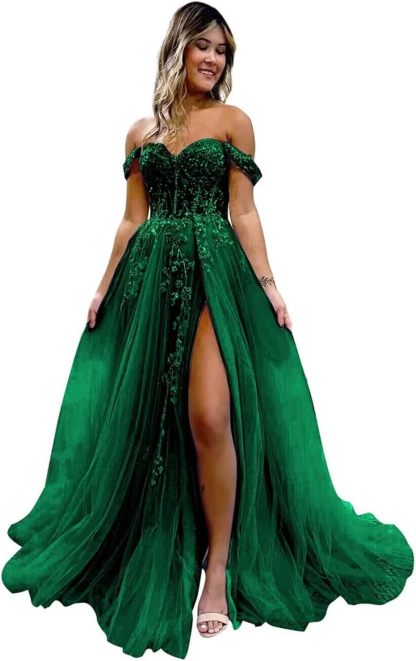 Off The Shoulder Tulle Prom Dresses with Slit Laces Applique Sweetheart Long Formal Evening Party Gowns bmbridal