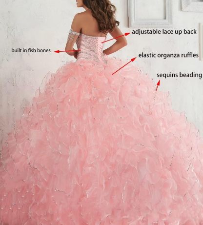 Women's Organza Ruffles Quinceanera Beaded Sweetheart Prom Ball Gown bmbridal