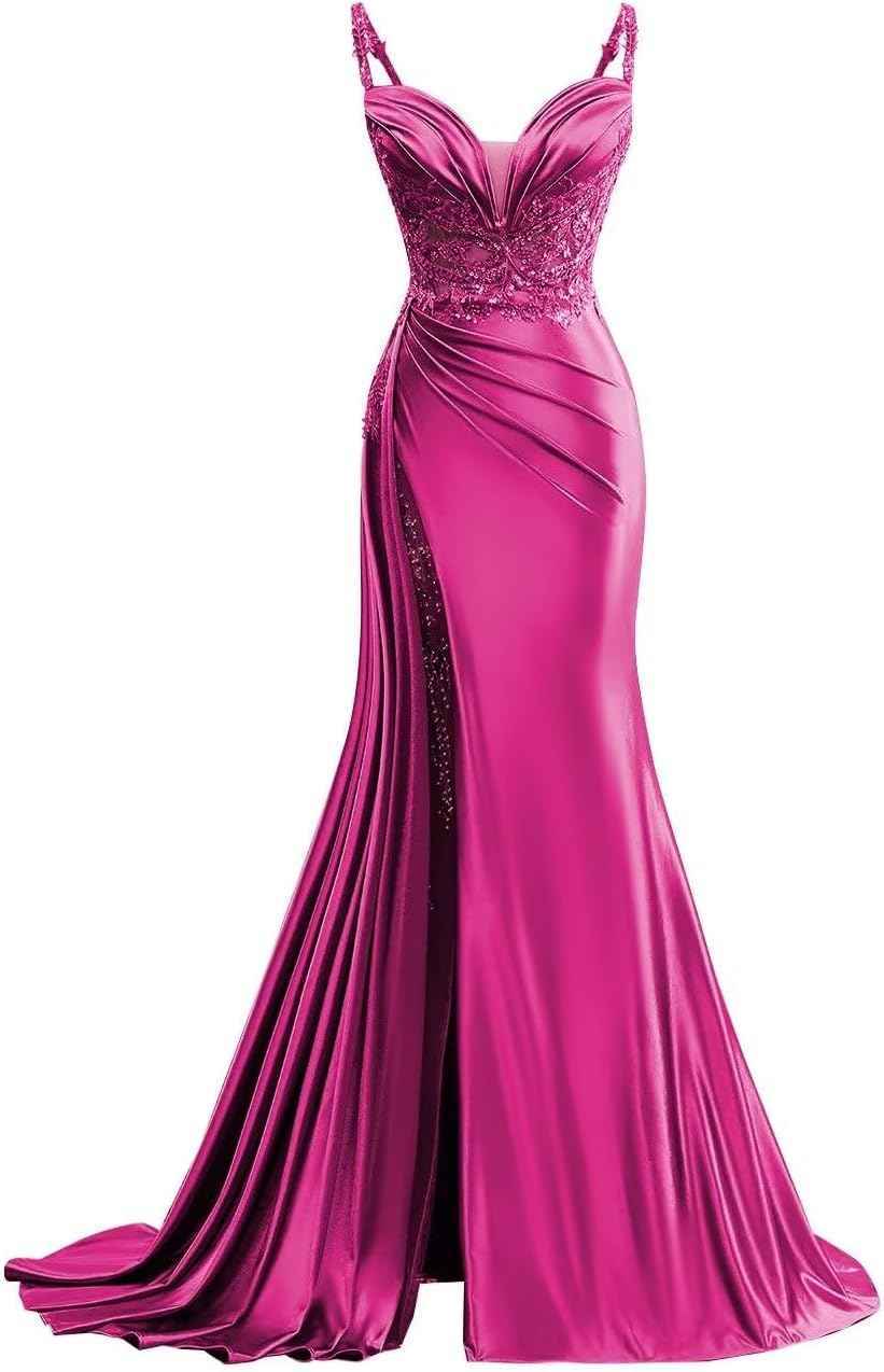 V Neck Satin Prom Dresses Long Mermaid Lace Evening Gown with Slit Pleated Bodycon Formal Dress with Tail bmbridal