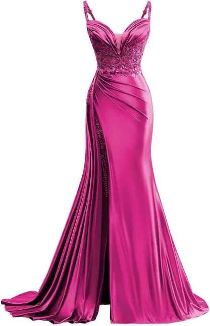 V Neck Satin Prom Dresses Long Mermaid Lace Evening Gown with Slit Pleated Bodycon Formal Dress with Tail bmbridal