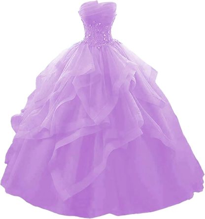 Prom Dress Long Ruffles Ball Gown Quinceanera Dresses Strapless Lace Tulle Beaded Princess Evening Dress bmbridal