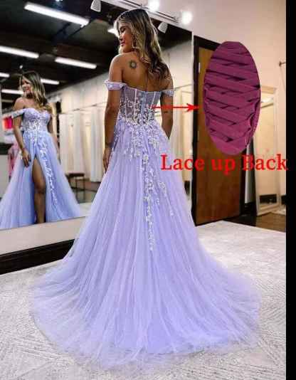 Off The Shoulder Tulle Prom Dresses with Slit Laces Applique Sweetheart Long Formal Evening Party Gowns bmbridal