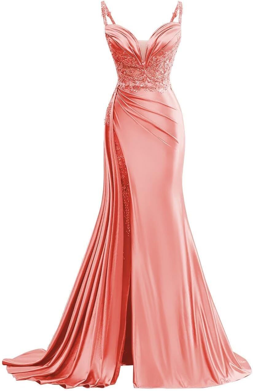 V Neck Satin Prom Dresses Long Mermaid Lace Evening Gown with Slit Pleated Bodycon Formal Dress with Tail bmbridal