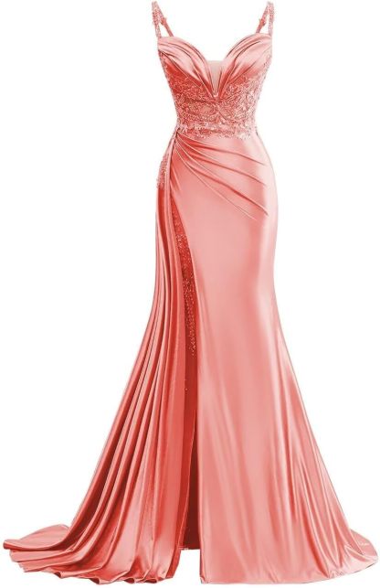 V Neck Satin Prom Dresses Long Mermaid Lace Evening Gown with Slit Pleated Bodycon Formal Dress with Tail bmbridal
