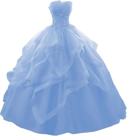 Prom Dress Long Ruffles Ball Gown Quinceanera Dresses Strapless Lace Tulle Beaded Princess Evening Dress bmbridal