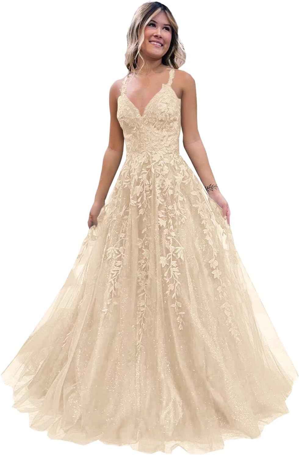 Tulle Lace Appliques Sparkly Prom Dresses A Line with Slit V Neck Formal Party Dress-BMbridal
